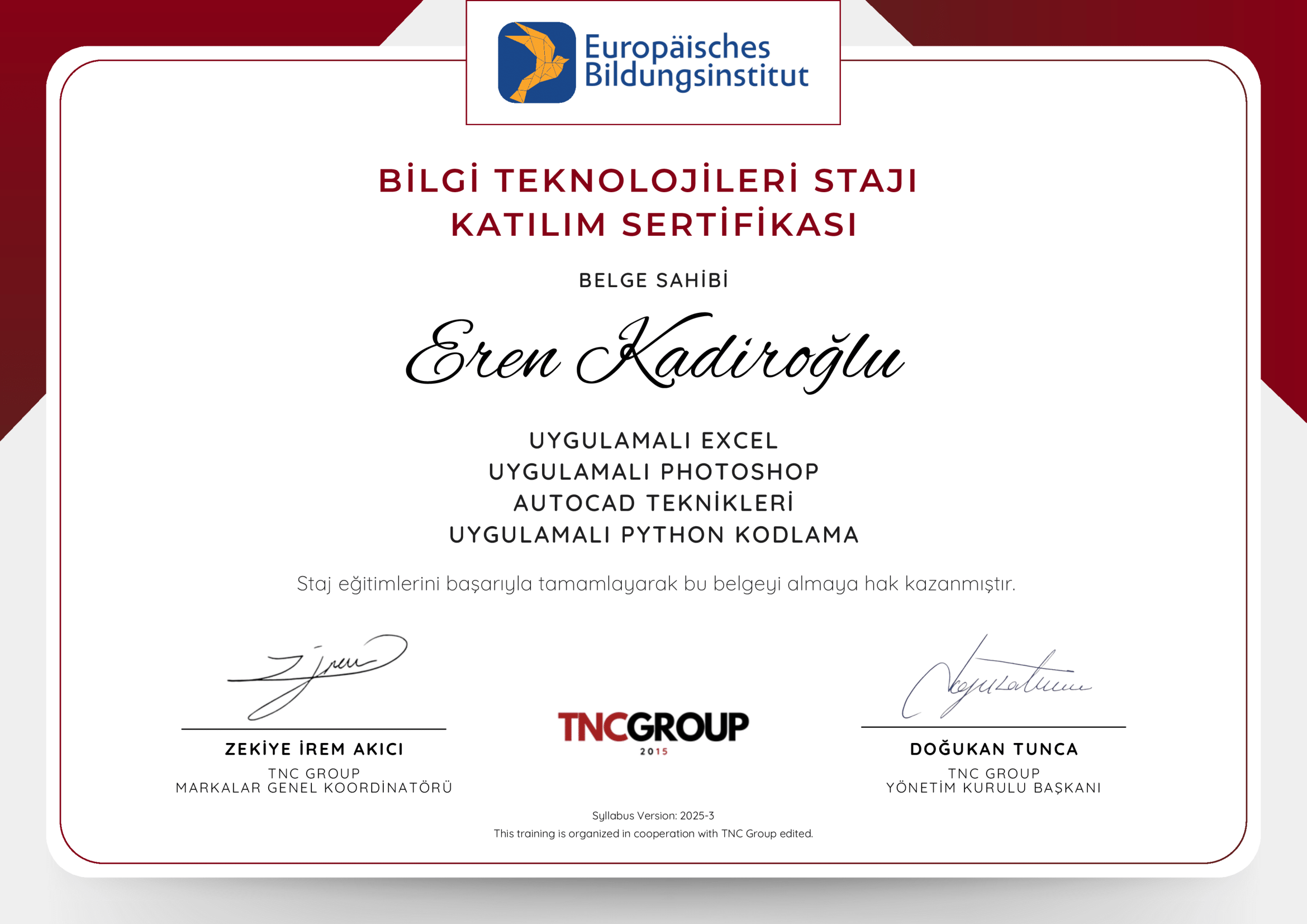 Bilgi Teknolojileri Stajı Sertifikası